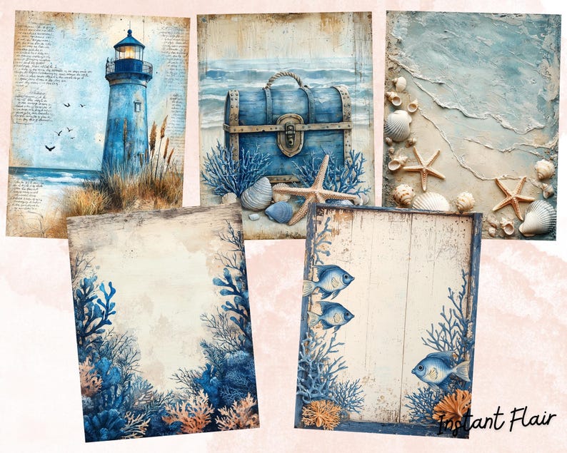 May include: A set of four digital scrapbook paper designs featuring a lighthouse, a treasure chest, seashells, and coral. The papers are in shades of blue, white, and brown with a vintage, distressed look.