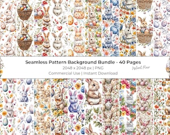 Watercolor Easter Digital Paper – Spring Flowers, Bunnies (Digital Download)