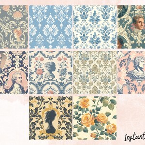 Zestaw tła z bezszwowym wzorem vintage toile – 20 kwiatów damasceńskich w formacie PNG, elegancki francuski zestaw tła zdjęcie 3