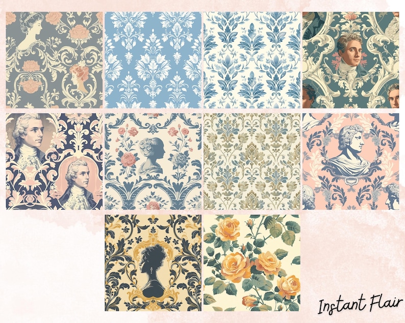 Zestaw tła z bezszwowym wzorem vintage toile – 20 kwiatów damasceńskich w formacie PNG, elegancki francuski zestaw tła zdjęcie 3