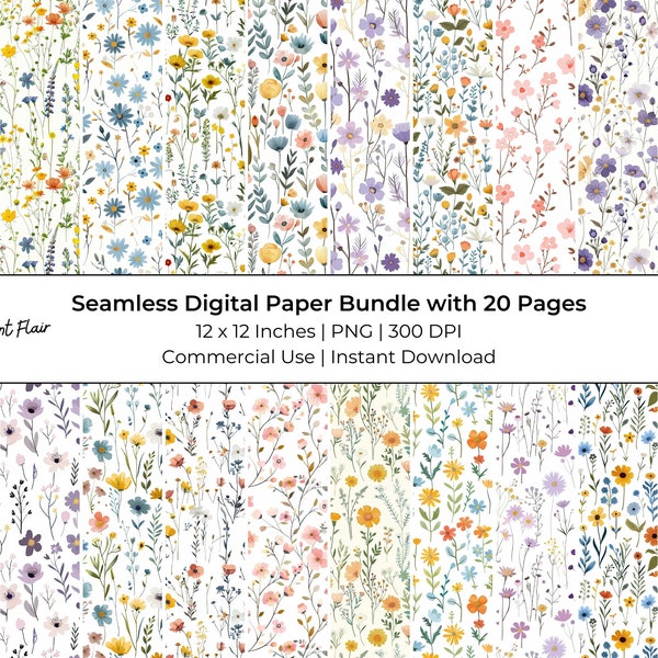 Spring Wildflower Digital Paper: 20 Pages Seamless Collage Sheets and Junk Journal Printables, Commerical Use, Instant Download