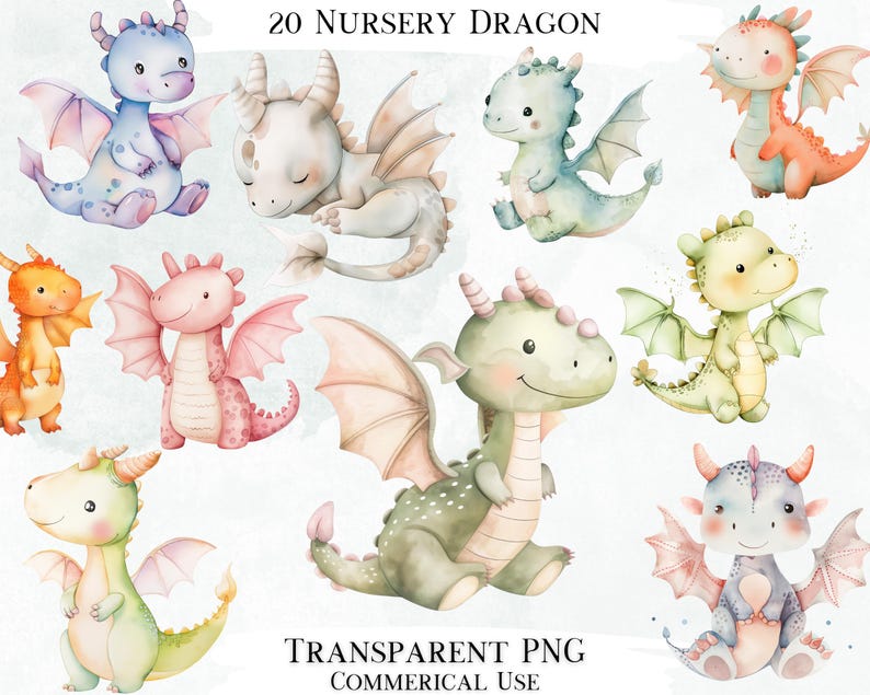 May include: 20 watercolor illustrations of cute nursery dragons in various colors, including green, blue, pink, orange, and yellow. The dragons have big eyes, small wings, and are in different poses. The text "20 NURSERY DRAGON" and "TRANSPARENT PNG COMMERCIAL USE" is at the top and bottom of the image.