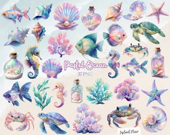 Watercolor Sea Life Clipart | Pastel Ocean PNG Bundle (Digital Download)