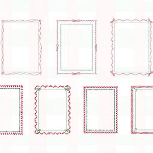 Puede incluir: Colecci&oacute;n de ocho marcos rectangulares con varios bordes decorativos. Los marcos presentan dise&ntilde;os en rojo y verde, incluyendo l&iacute;neas onduladas, l&iacute;neas punteadas y rayas de bast&oacute;n de caramelo. Algunos marcos tienen lazos.