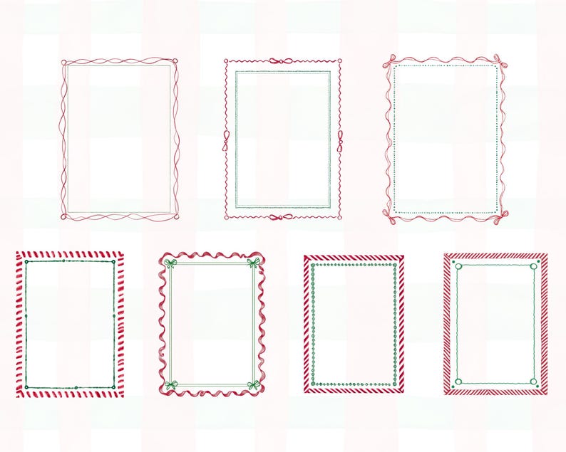 Puede incluir: Colecci&oacute;n de ocho marcos rectangulares con varios bordes decorativos. Los marcos presentan dise&ntilde;os en rojo y verde, incluyendo l&iacute;neas onduladas, l&iacute;neas punteadas y rayas de bast&oacute;n de caramelo. Algunos marcos tienen lazos.