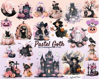Pastel Goth Halloween Clipart - Gruselige PNG Grafiken (Digitaler Download)