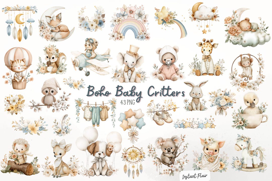 Watercolor Baby Animal Clipart – Boho Nursery PNG Bundle (commercial ...