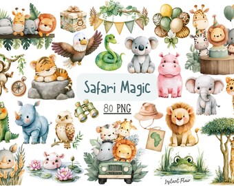 May include: A collection of watercolor illustrations featuring safari animals including a lion, giraffe, elephant, monkey, tiger, and koala, along with jungle foliage, a jeep, binoculars, and the text Safari Magic and 80 PNG.