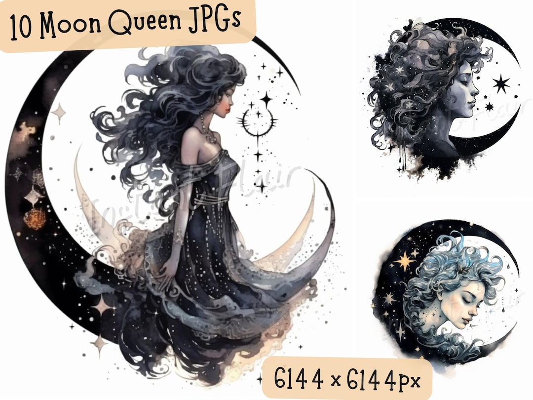 Lunar Witch Clip Art Bundle, 10 JPG Designs, Celestial Moon Queen