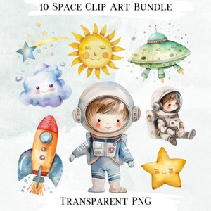 Bundel met ruimteaquarelclipart, transparante png-ontwerpen, decoratieve afbeeldingen, digitale ontwerpen voor commercieel gebruik