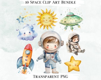 Paquete de imágenes prediseñadas de acuarela espacial, PNG transparente, uso comercial