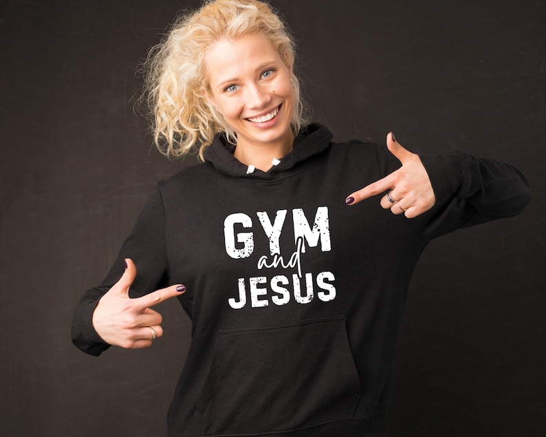 May include: Black hoodie with a white graphic that says "GYM and JESUS".