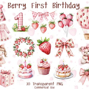 30 premier anniversaire de baies clipart aquarelle - PNG transparents - usage commercial - téléchargement immédiat
