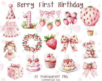 30 Berry Primo Compleanno Acquerello Clipart – PNG Trasparente – Uso Commerciale – Download Istantaneo