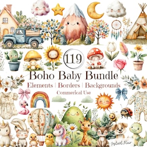119 cliparts bébé bohème – gros lot – 100 éléments + 7 bordures + 12 arrière-plans – PNG et JPG – usage commercial – téléchargement immédiat
