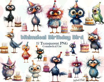 Watercolor Birthday Bird Clipart – 17 PNG Graphics (Digital Download)