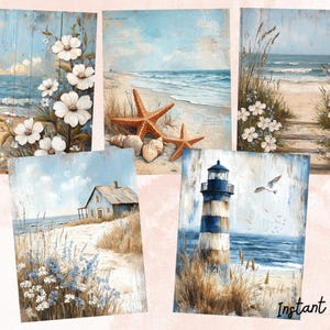 May include: Set of five coastal-themed paintings featuring a lighthouse, a beach house, seashells, starfish, and white flowers. The paintings have a rustic, weathered wood background.