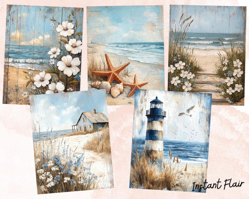 May include: Set of five coastal-themed paintings featuring a lighthouse, a beach house, seashells, starfish, and white flowers. The paintings have a rustic, weathered wood background.