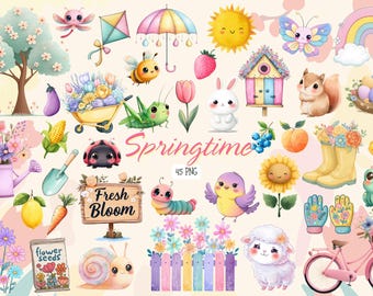 Spring Clipart Bundle, Watercolor Animals and Flowers (Digital Download)