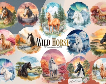 Watercolor Horse Clipart Bundle, Wild Horse Landscape Graphics (Digital Download)