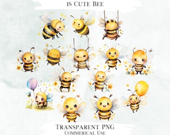 Paquete de imágenes prediseñadas de acuarela de abejas, gráficos PNG para uso comercial