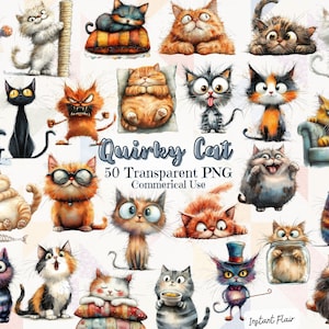 50 Quirky Cat Clipart – Big Bundle – Transparent PNG – Commercial Use – Instant Download