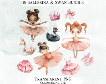 Conjunto de imágenes prediseñadas de bailarina y cisne en acuarela (diseños digitales PNG)