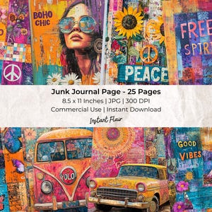 Papel para diario basura hippie: hoja de collage / kit de papel para álbum de recortes digital / descarga digital / diario artístico / diario basura / material efímero digital