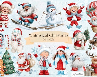 May include: A digital collection of 36 Christmas-themed illustrations featuring Santa Claus, a snowman, a polar bear, a gingerbread man, a reindeer, and children in winter attire. The set includes festive elements like a hot air balloon and trees.