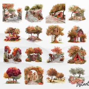 May include: Watercolor illustrations of autumn scenes, including a market, a house with a red roof, a treehouse, and a red barn. Other images include a picnic table, a bridge with a bicycle, and a tent. The images have a warm color palette.