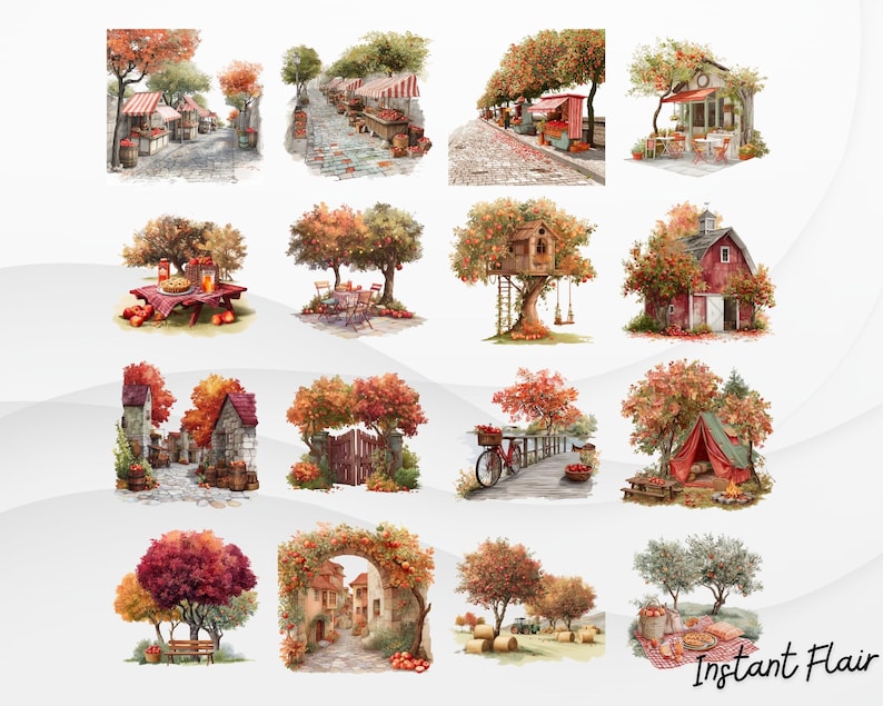May include: Watercolor illustrations of autumn scenes, including a market, a house with a red roof, a treehouse, and a red barn. Other images include a picnic table, a bridge with a bicycle, and a tent. The images have a warm color palette.