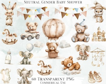 Aquarel babyshower clipart, genderneutraal, 60 png-ontwerpen (digitale download)