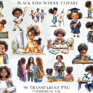 Black Kids School Clip Art Bundle, 50 Transparent PNG Graphics, Decorative Images, Digital Graphics for Commercial Use