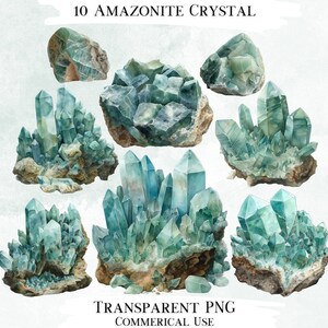 Può includere: Dieci illustrazioni ad acquerello di cristalli di amazonite in varie forme e dimensioni. I cristalli sono di colore blu-verde chiaro e sono disposti su uno sfondo bianco.