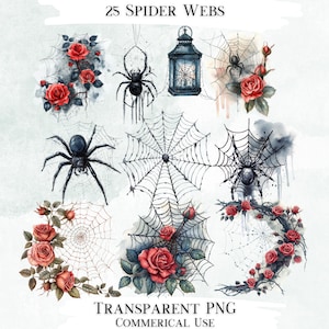Watercolor Spiderweb Clipart, Gothic PNG Bundle (Digital)