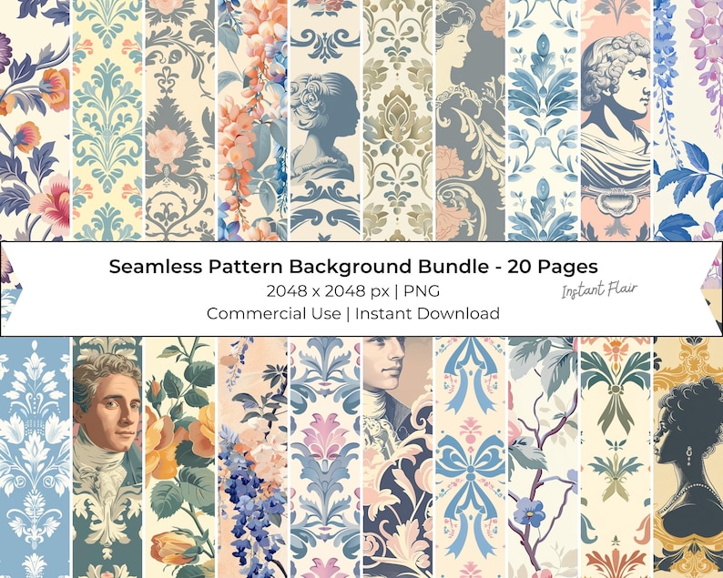 Zestaw tła z bezszwowym wzorem vintage toile – 20 kwiatów damasceńskich w formacie PNG, elegancki francuski zestaw tła zdjęcie 1