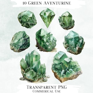 Bundle d'art clip cristal d'aventurine verte, 10 modèles PNG transparents, images décoratives, modèles numériques pour usage commercial