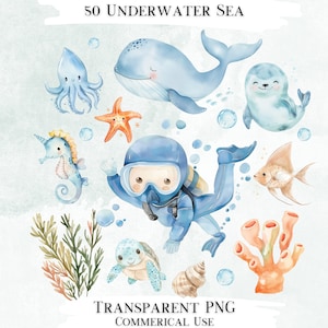Underwater Sea Clip Art Bundle, 50 Transparent PNG Designs, Decorative Images, Digital Designs for Commercial Use