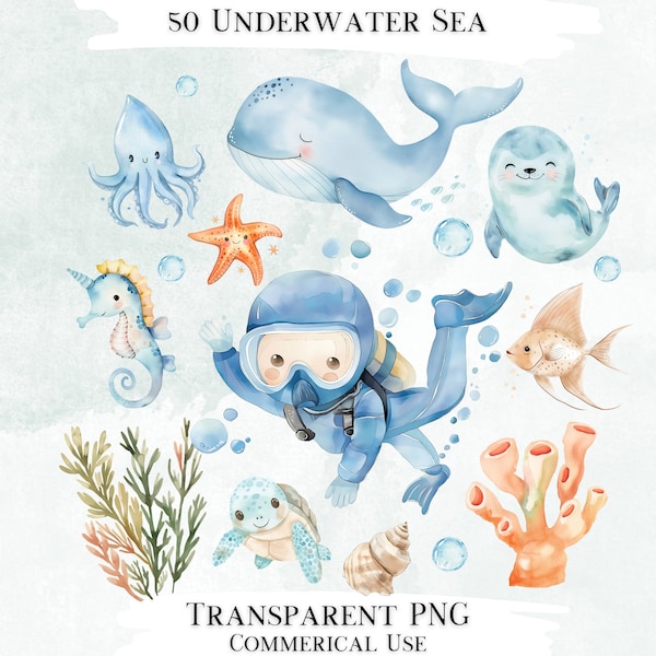 Unterwasser Meer Clip Art Bundle, 50 transparente PNG-Designs, dekorative Bilder, digitale Designs für den kommerziellen Gebrauch