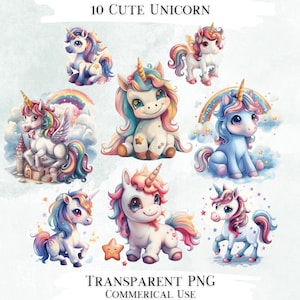Cute Unicorn Clip Art Bundle, 10 Transparent PNG Designs, Decorative Images, Digital Designs for Commercial Use