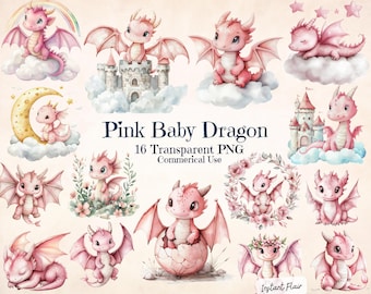 Pink Baby Dragon Watercolor Clipart, Fantasy Nursery Art (Digital Download)