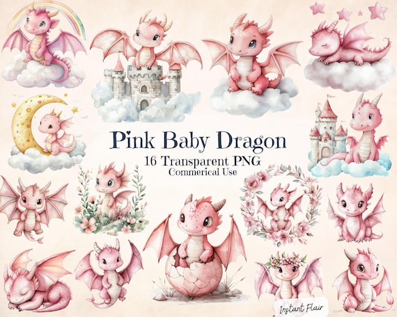 Pink Baby Dragon Watercolor Clipart, Fantasy Nursery Art (Digital Download)