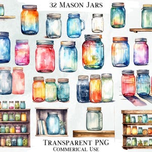 Watercolor Mason Jar Clip Art Bundle, PNG Designs (Digital Download)