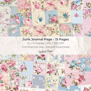 Vintage Patchwork Papierpackung für Junk Journals | Kommerzielle Nutzung | Collage Papiere | Druckbare Papiere | Shabby Chic Textilien