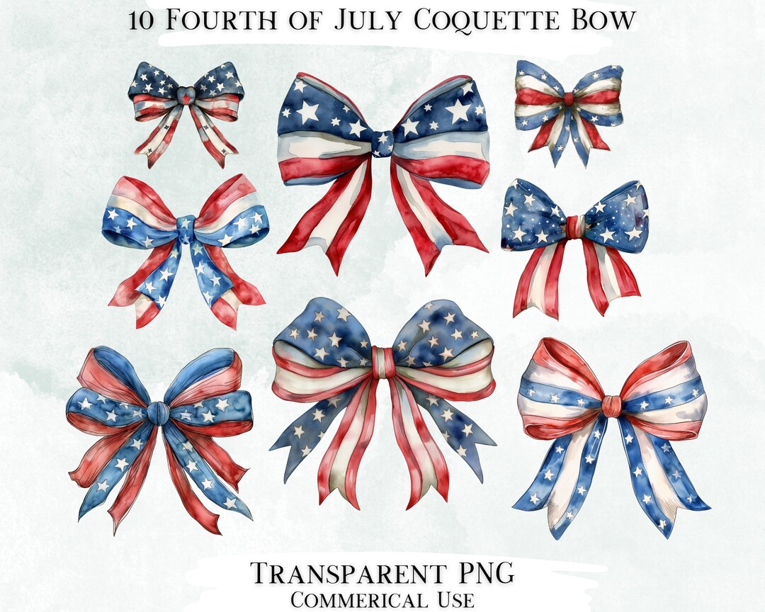 4th of July Coquette Bow Clip Art, Watercolor PNG Designs (digital ...