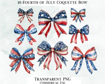 4th of July Coquette Bow Clip Art, Watercolor PNG Designs (Digital Download)