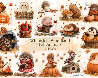 May include: A collection of digital illustrations featuring woodland animals in autumn settings, including a butterfly on a pumpkin, a hedgehog, a squirrel, and a penguin in a basket, with the text Whimsical Woodland Fall Animals 34 PNGs.