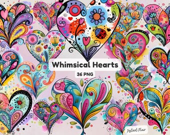 Whimsical Hearts Clipart Bundle, Colorful Heart Graphics PNG (Digital Download)