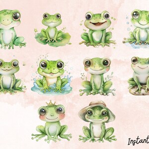Akvarell groda clipart-paket, transparenta PNG-designer (digital nedladdning) bild 3