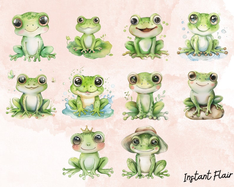 Akvarell groda clipart-paket, transparenta PNG-designer (digital nedladdning) bild 3